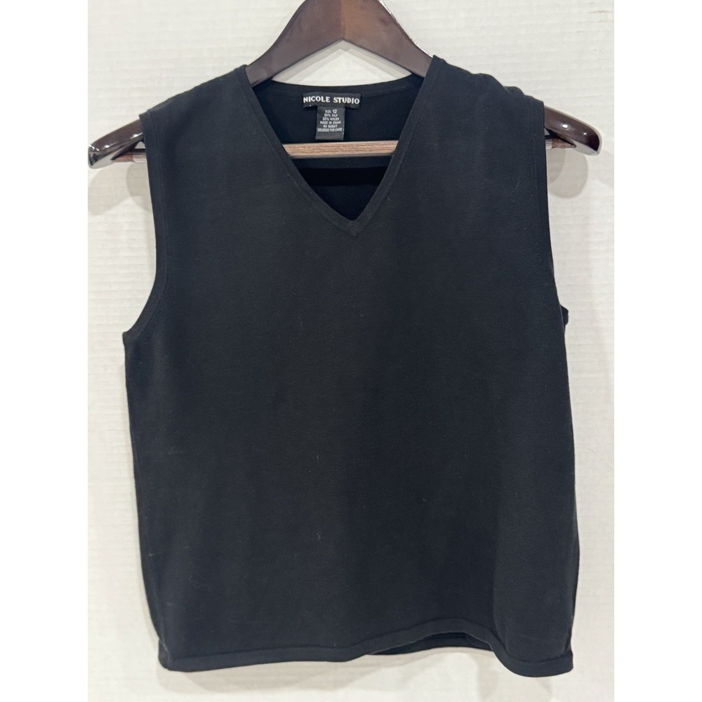 Nicole Studio Black Silk Blend V-Neck Sweater Vest Sleeveless Knit Top Size 12